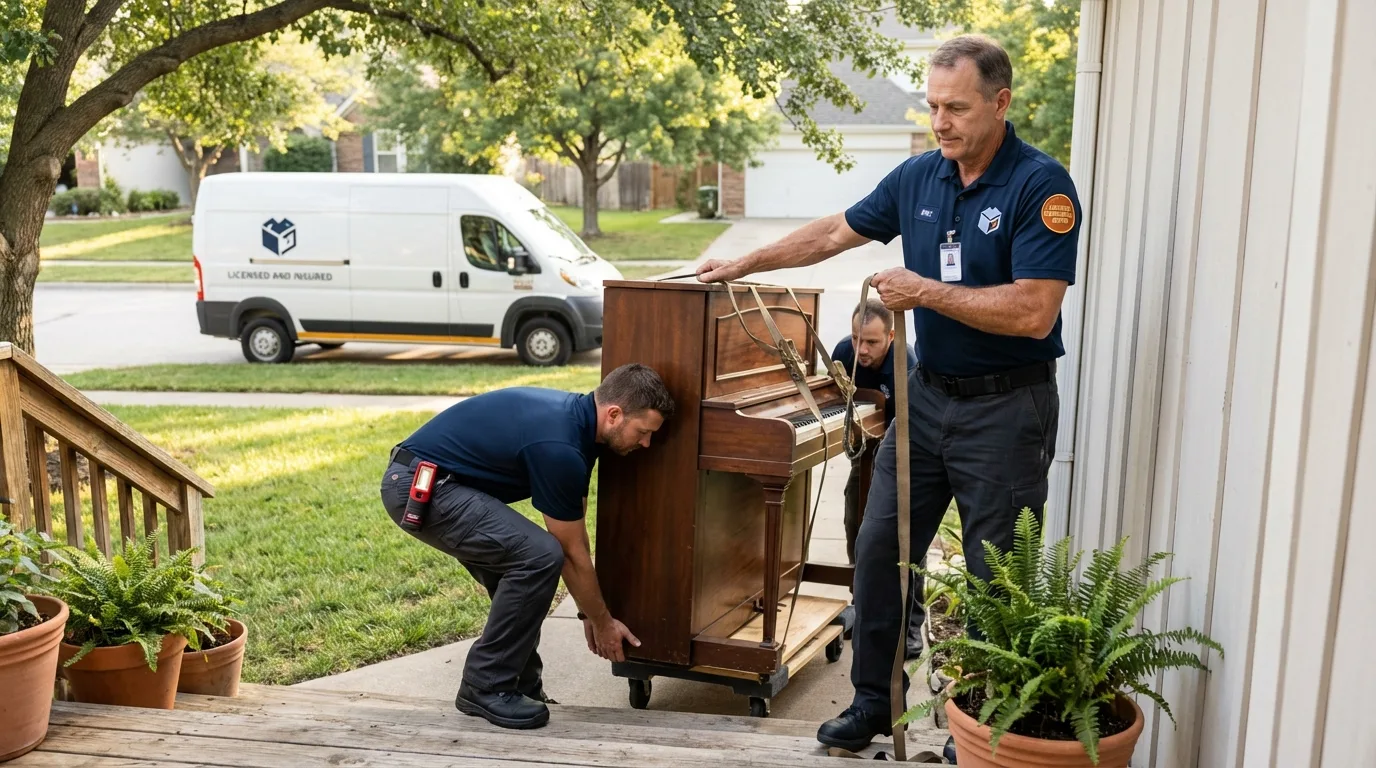 Licensed piano movers securing grand piano in Haddonfield, NJ