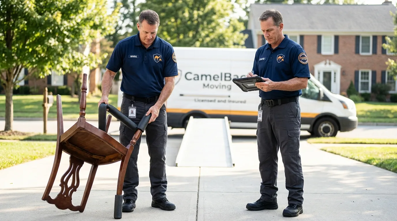 Movers inspecting furniture for damage prevention before loading in Haddonfield, NJ