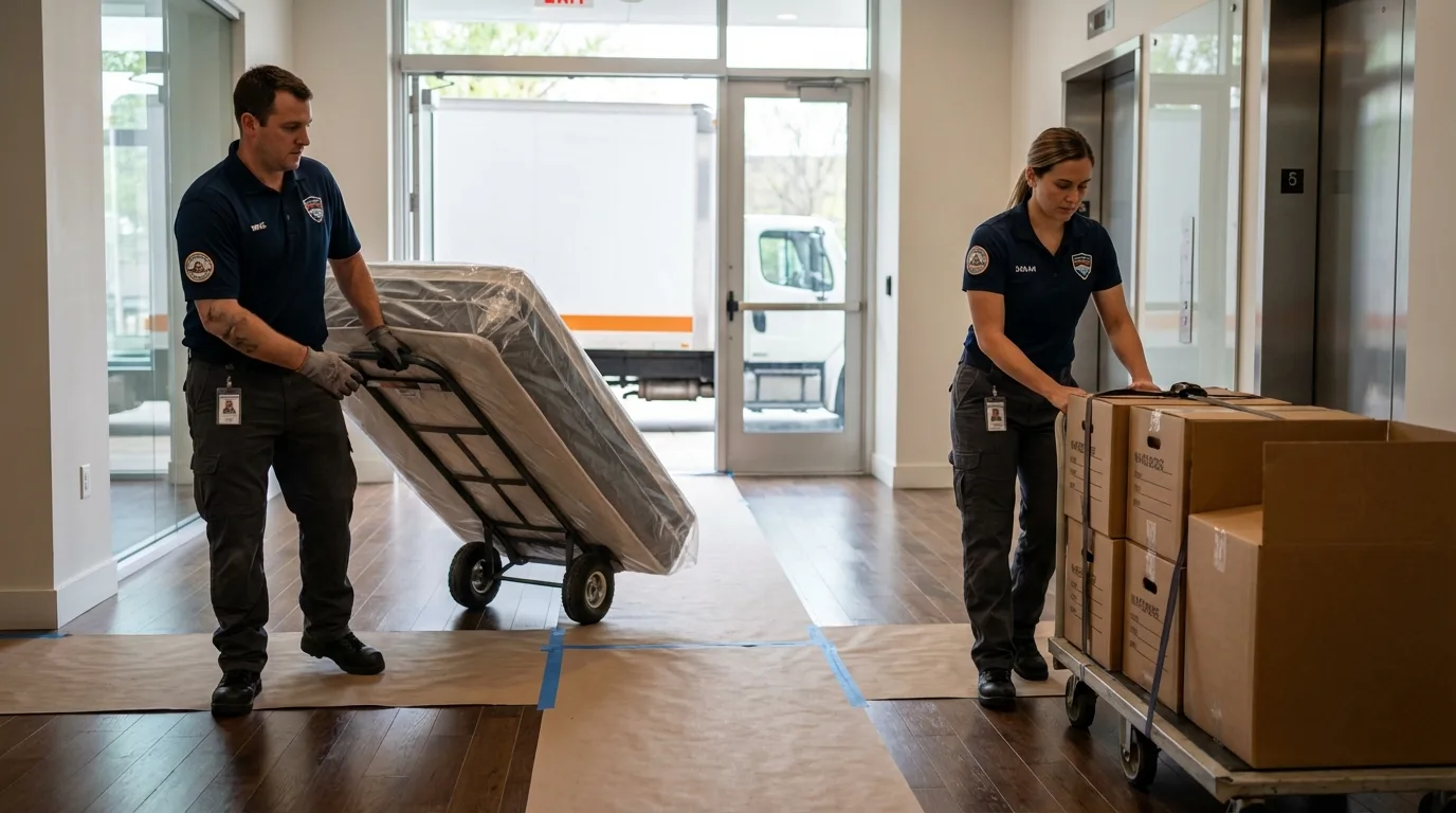 Professional apartment movers loading elevator in Haddonfield, NJ